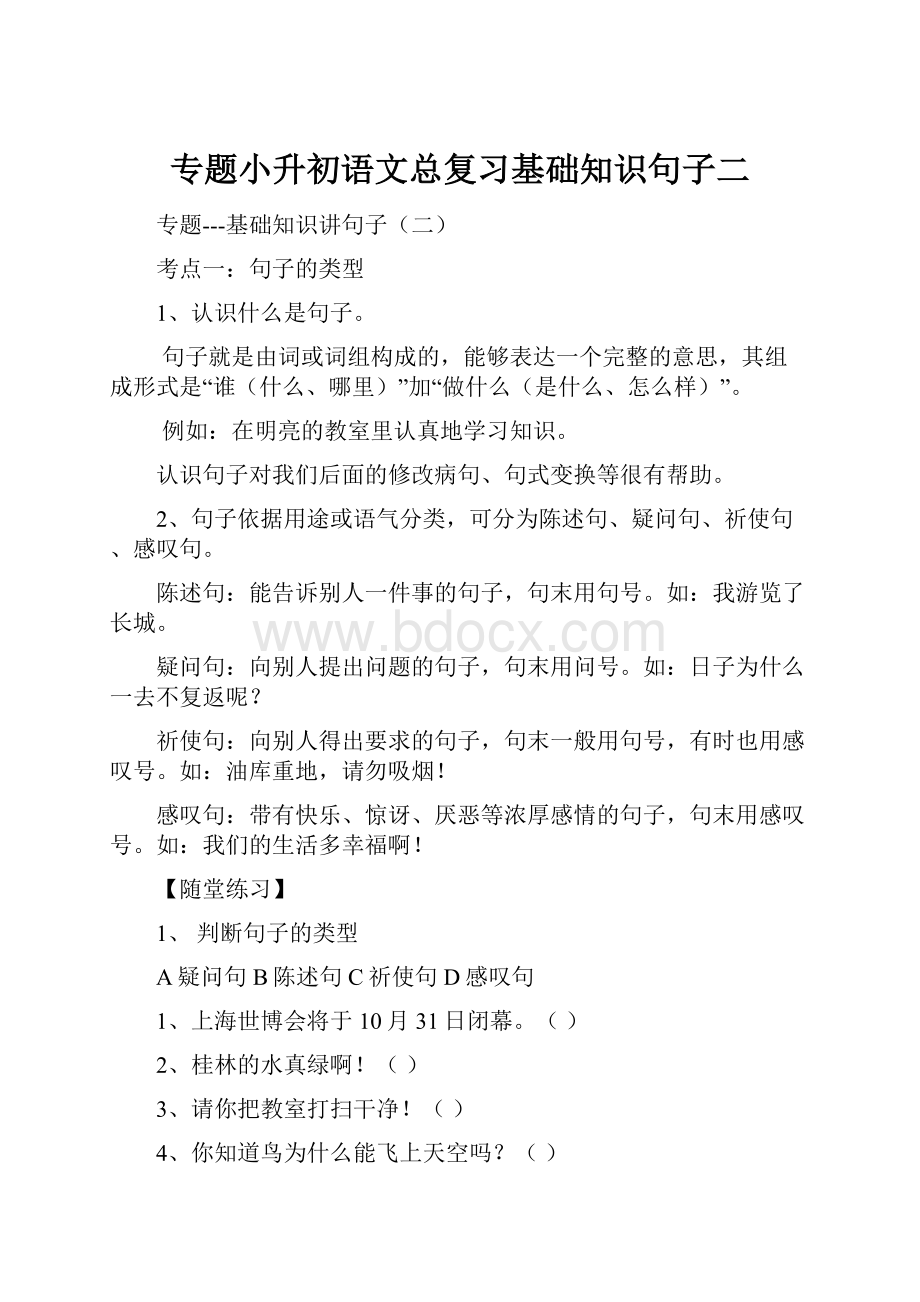 专题小升初语文总复习基础知识句子二.docx_第1页