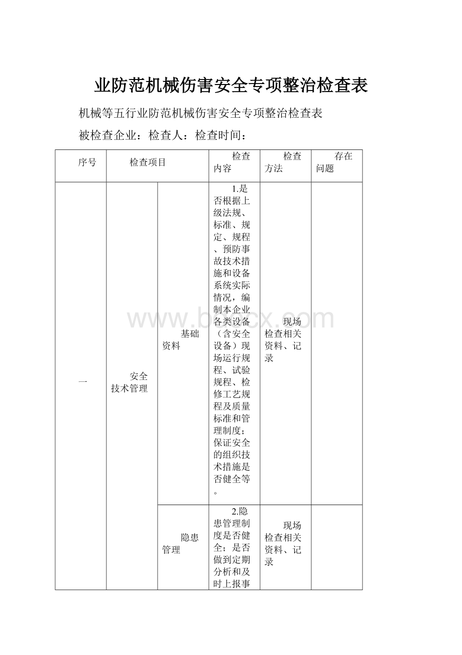 业防范机械伤害安全专项整治检查表.docx_第1页