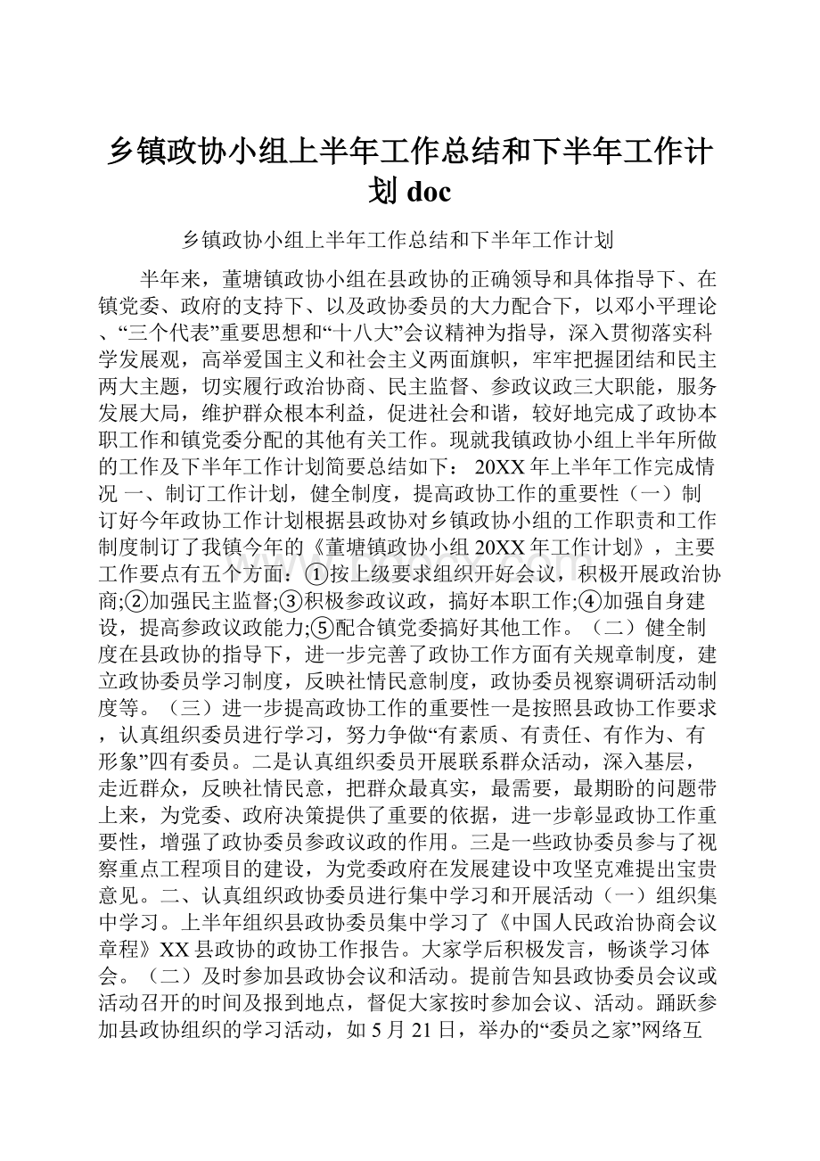 乡镇政协小组上半年工作总结和下半年工作计划doc.docx