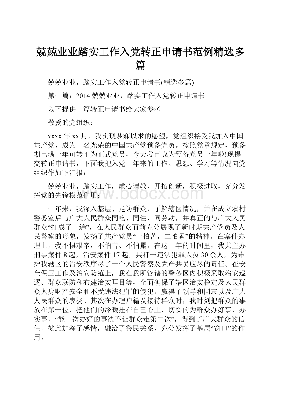 兢兢业业踏实工作入党转正申请书范例精选多篇.docx_第1页