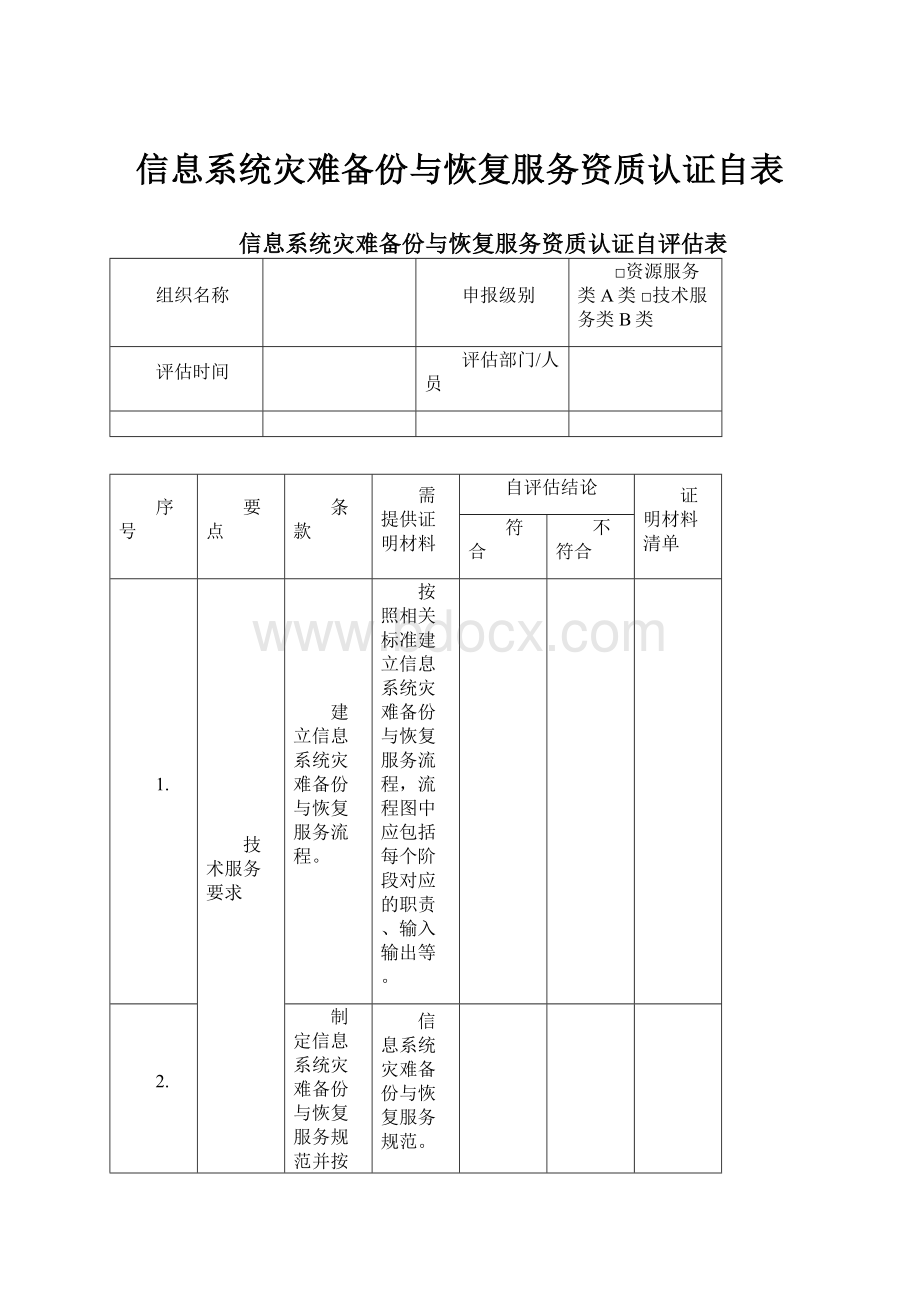 信息系统灾难备份与恢复服务资质认证自表.docx