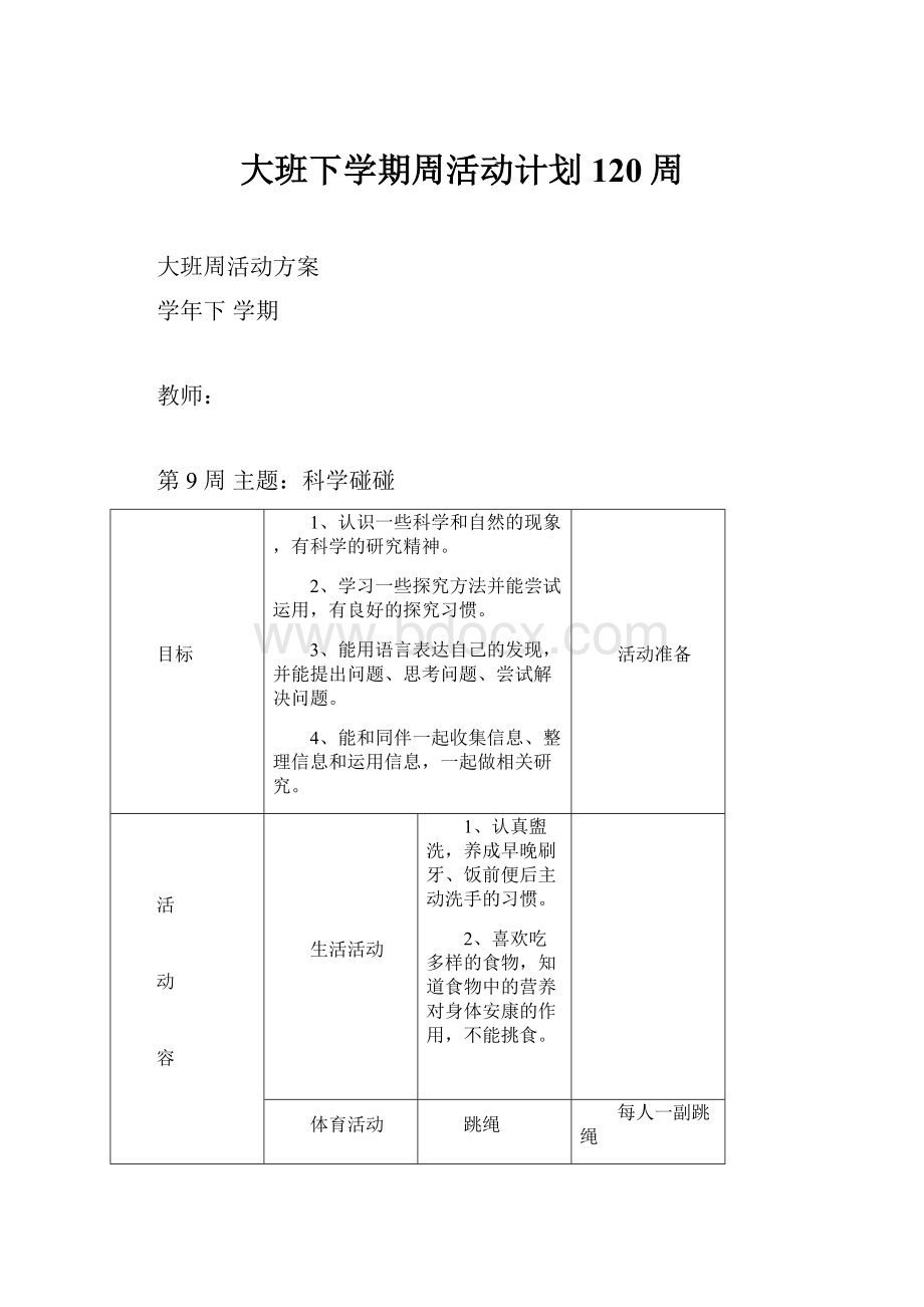 大班下学期周活动计划120周.docx