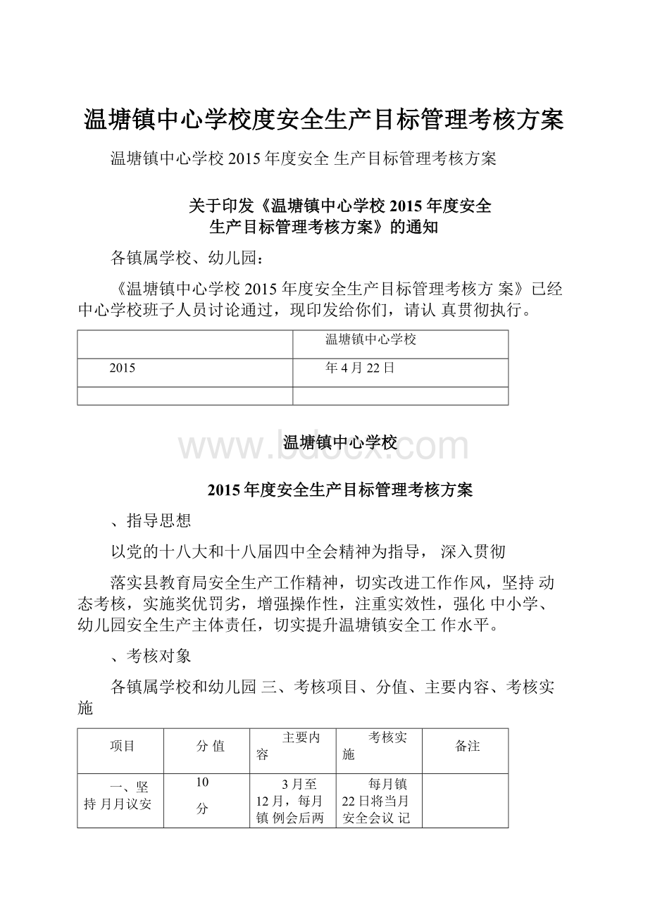 温塘镇中心学校度安全生产目标管理考核方案.docx_第1页