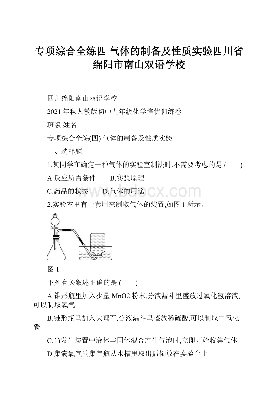 专项综合全练四 气体的制备及性质实验四川省绵阳市南山双语学校.docx