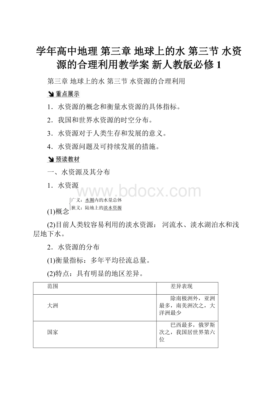 学年高中地理 第三章 地球上的水 第三节 水资源的合理利用教学案 新人教版必修1.docx_第1页