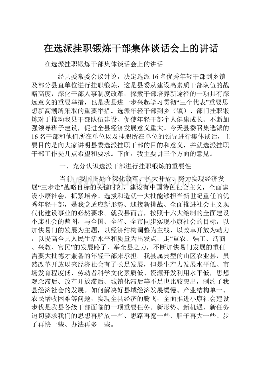 在选派挂职锻炼干部集体谈话会上的讲话.docx