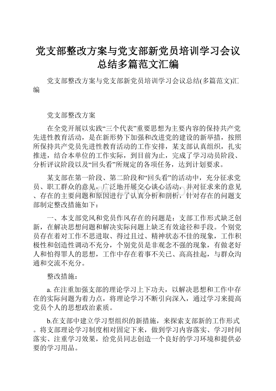 党支部整改方案与党支部新党员培训学习会议总结多篇范文汇编.docx