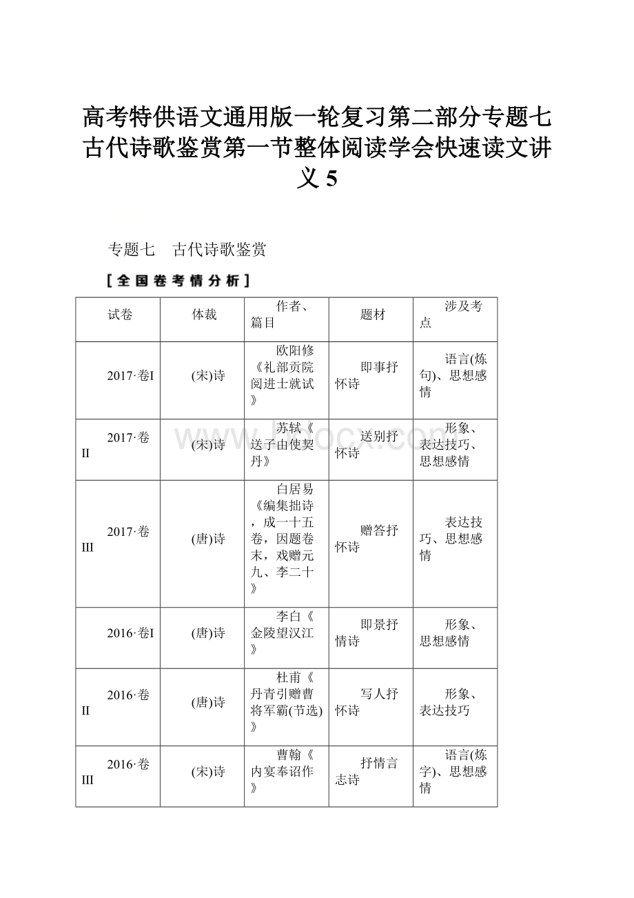 高考特供语文通用版一轮复习第二部分专题七古代诗歌鉴赏第一节整体阅读学会快速读文讲义5.docx