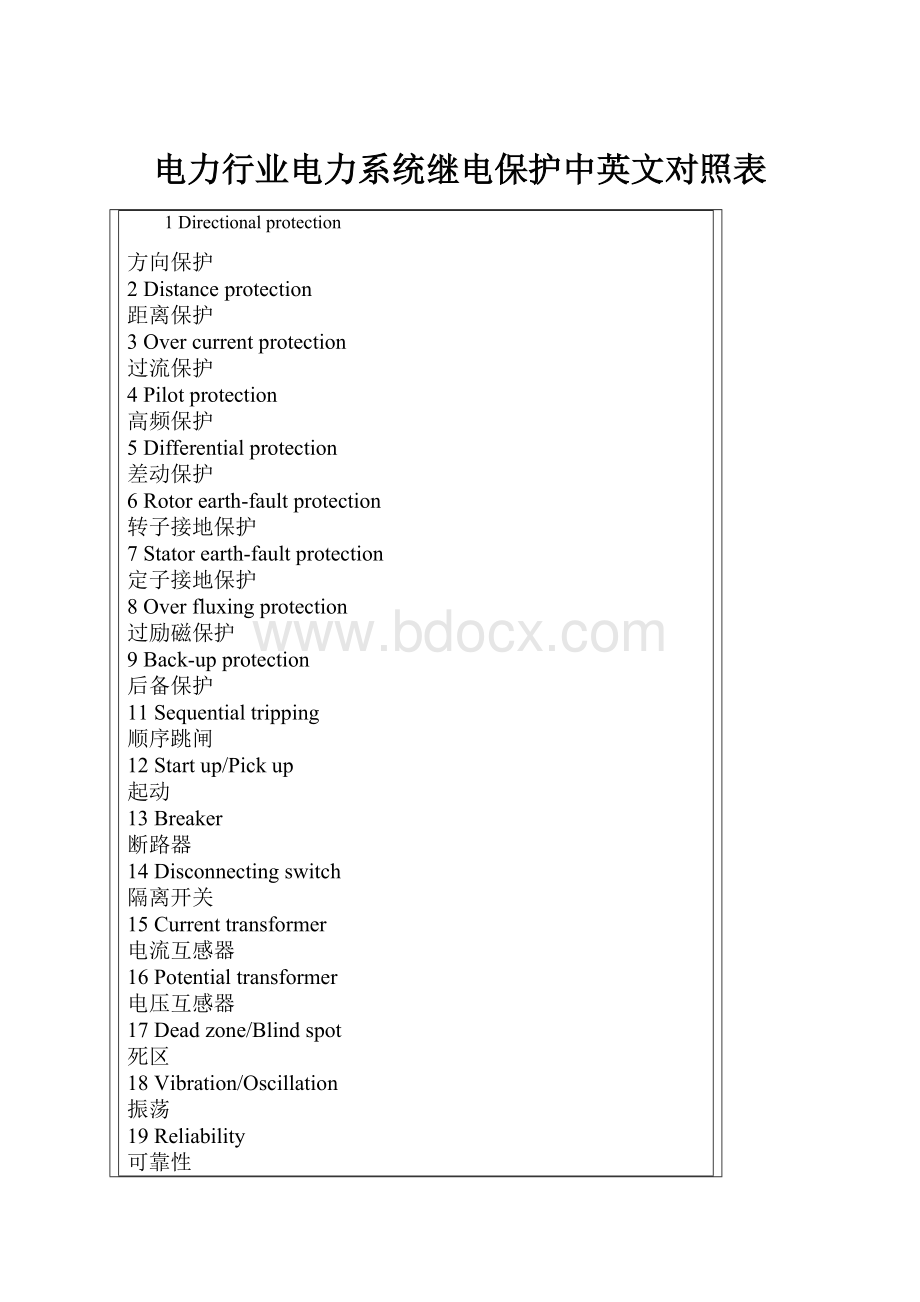 电力行业电力系统继电保护中英文对照表.docx