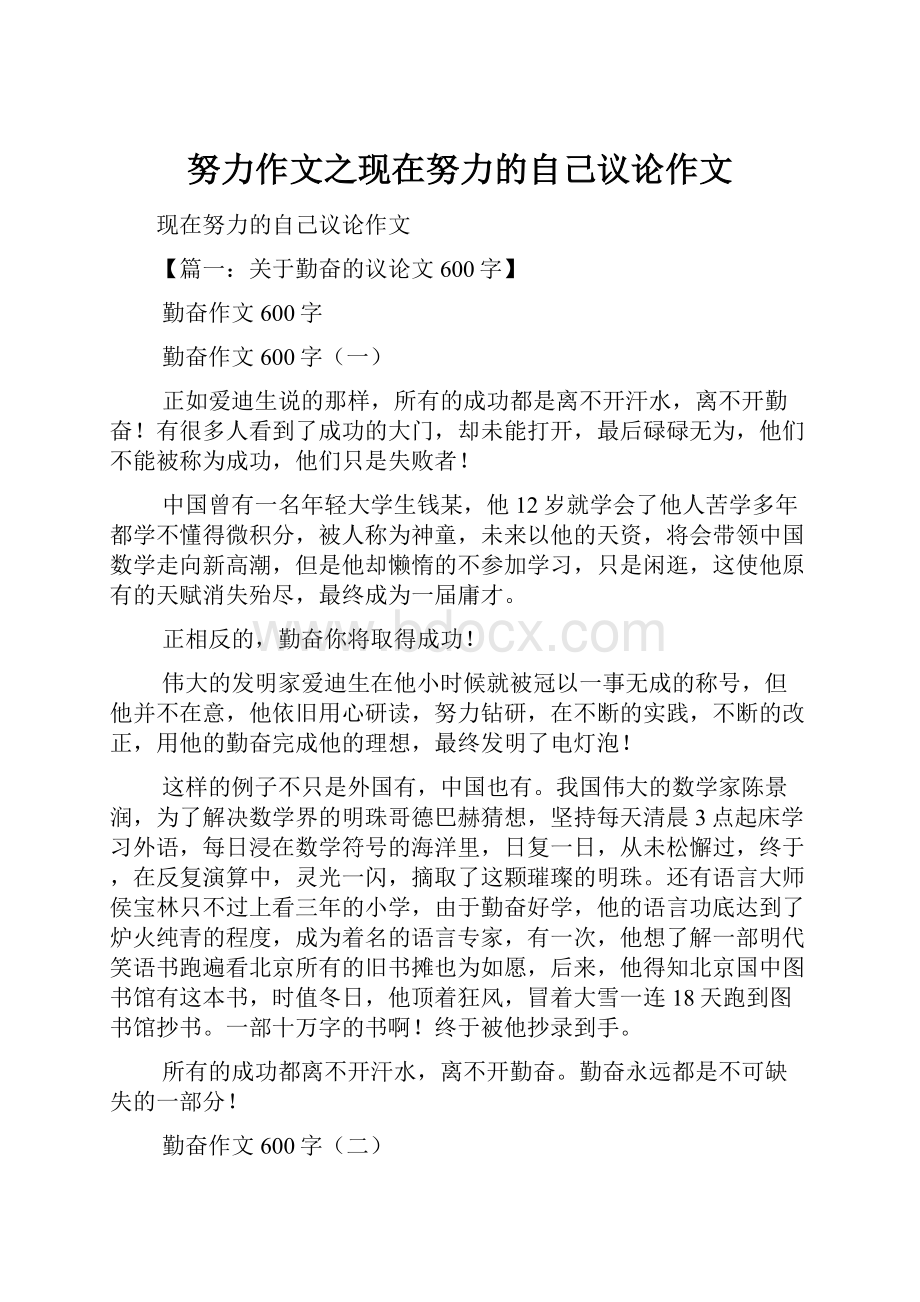 努力作文之现在努力的自己议论作文.docx