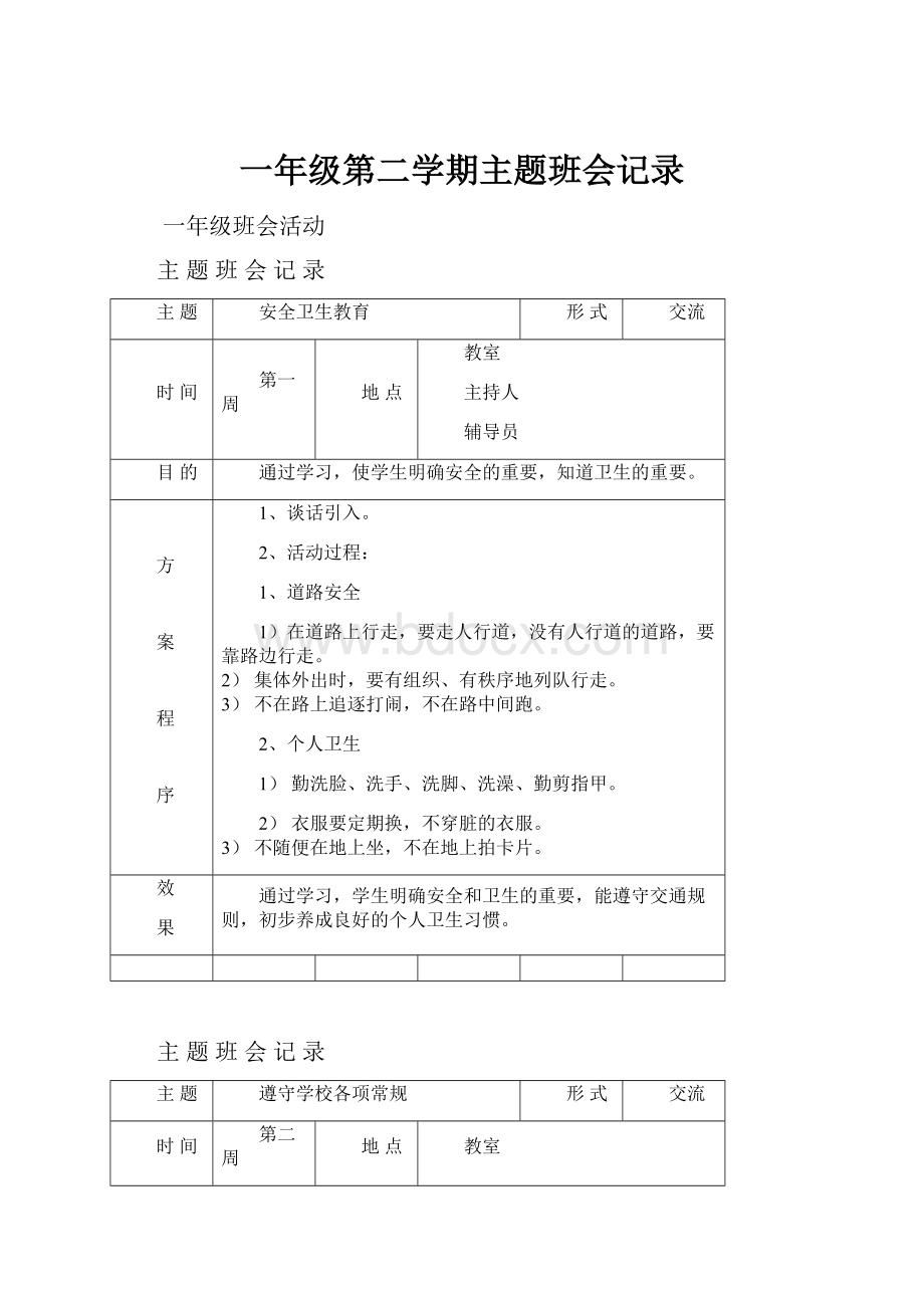 一年级第二学期主题班会记录.docx