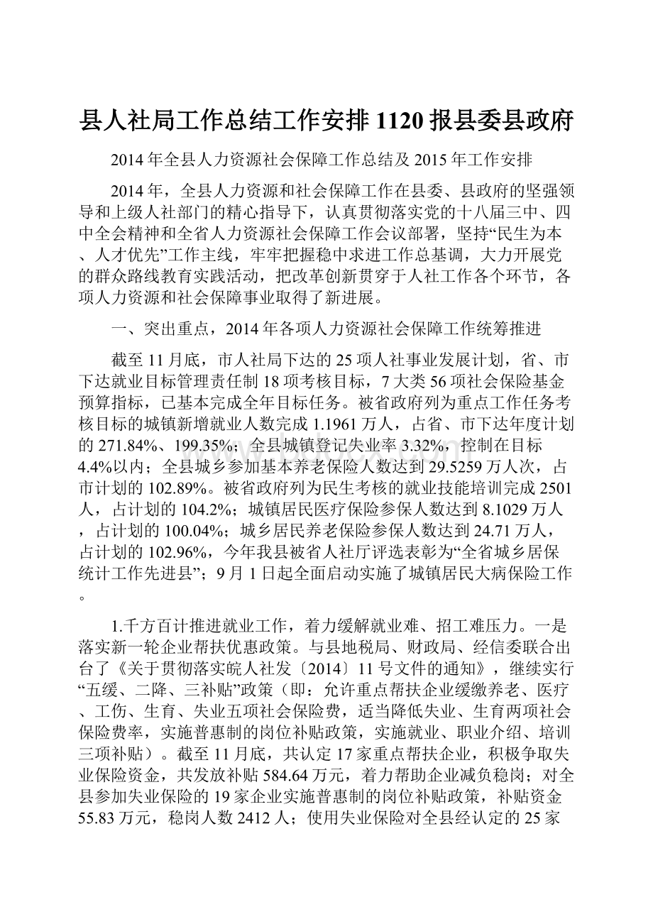 县人社局工作总结工作安排1120报县委县政府.docx