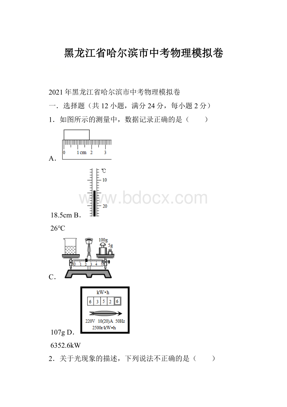 黑龙江省哈尔滨市中考物理模拟卷.docx