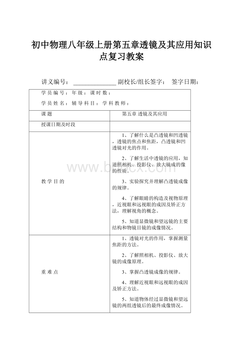 初中物理八年级上册第五章透镜及其应用知识点复习教案.docx_第1页