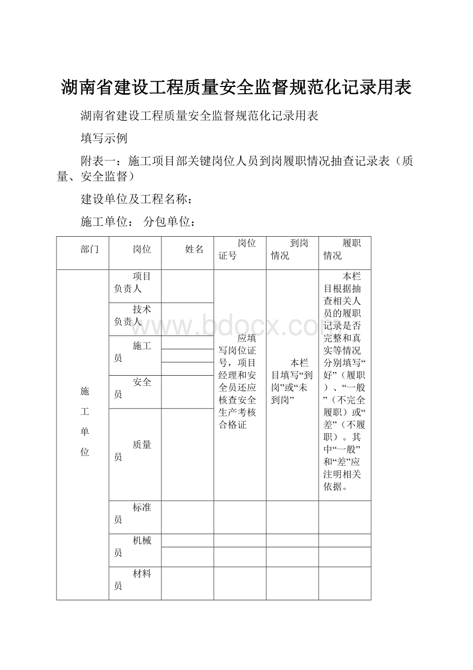 湖南省建设工程质量安全监督规范化记录用表.docx