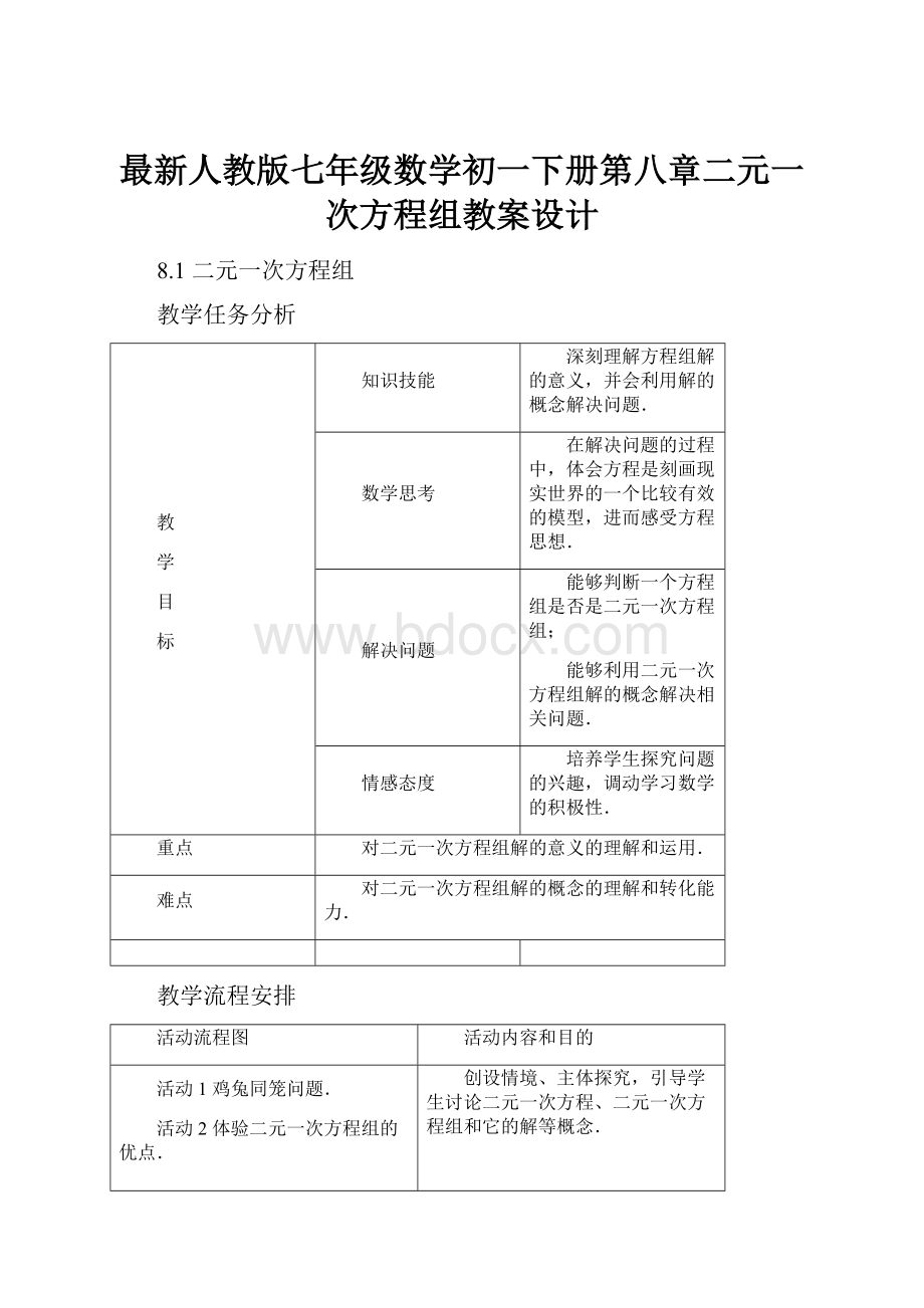 最新人教版七年级数学初一下册第八章二元一次方程组教案设计.docx