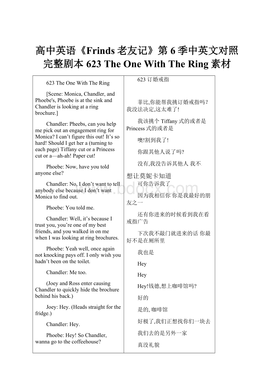 高中英语《Frinds老友记》第6季中英文对照完整剧本623 The One With The Ring素材.docx_第1页