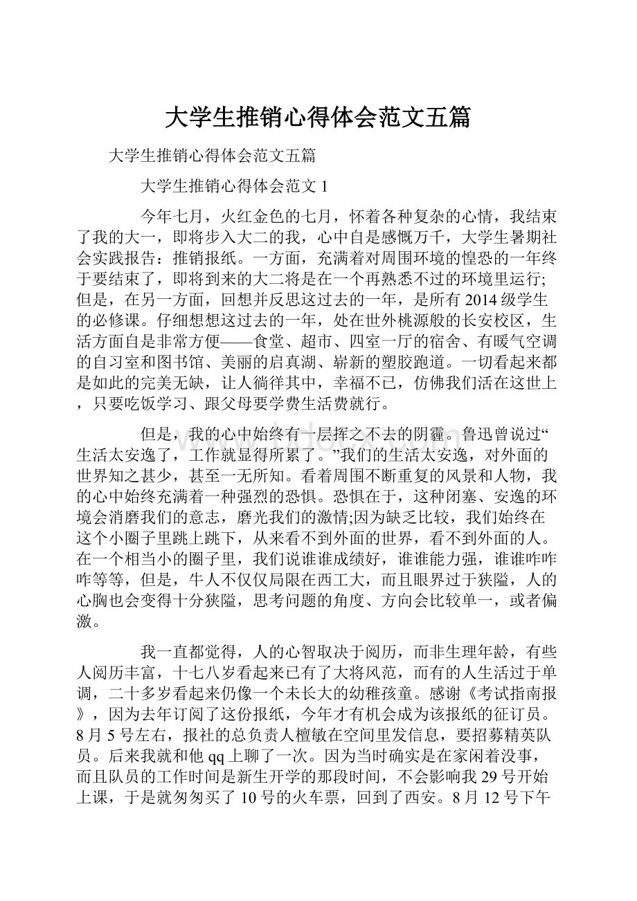 大学生推销心得体会范文五篇.docx