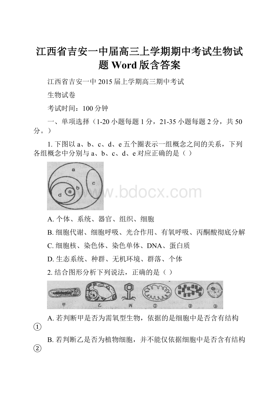 江西省吉安一中届高三上学期期中考试生物试题 Word版含答案.docx