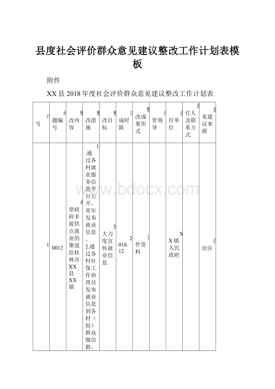 县度社会评价群众意见建议整改工作计划表模板.docx