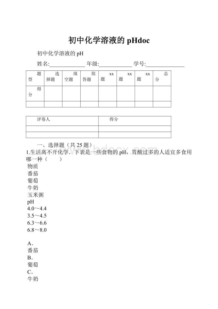 初中化学溶液的pHdoc.docx