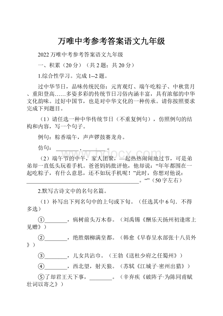 万唯中考参考答案语文九年级.docx