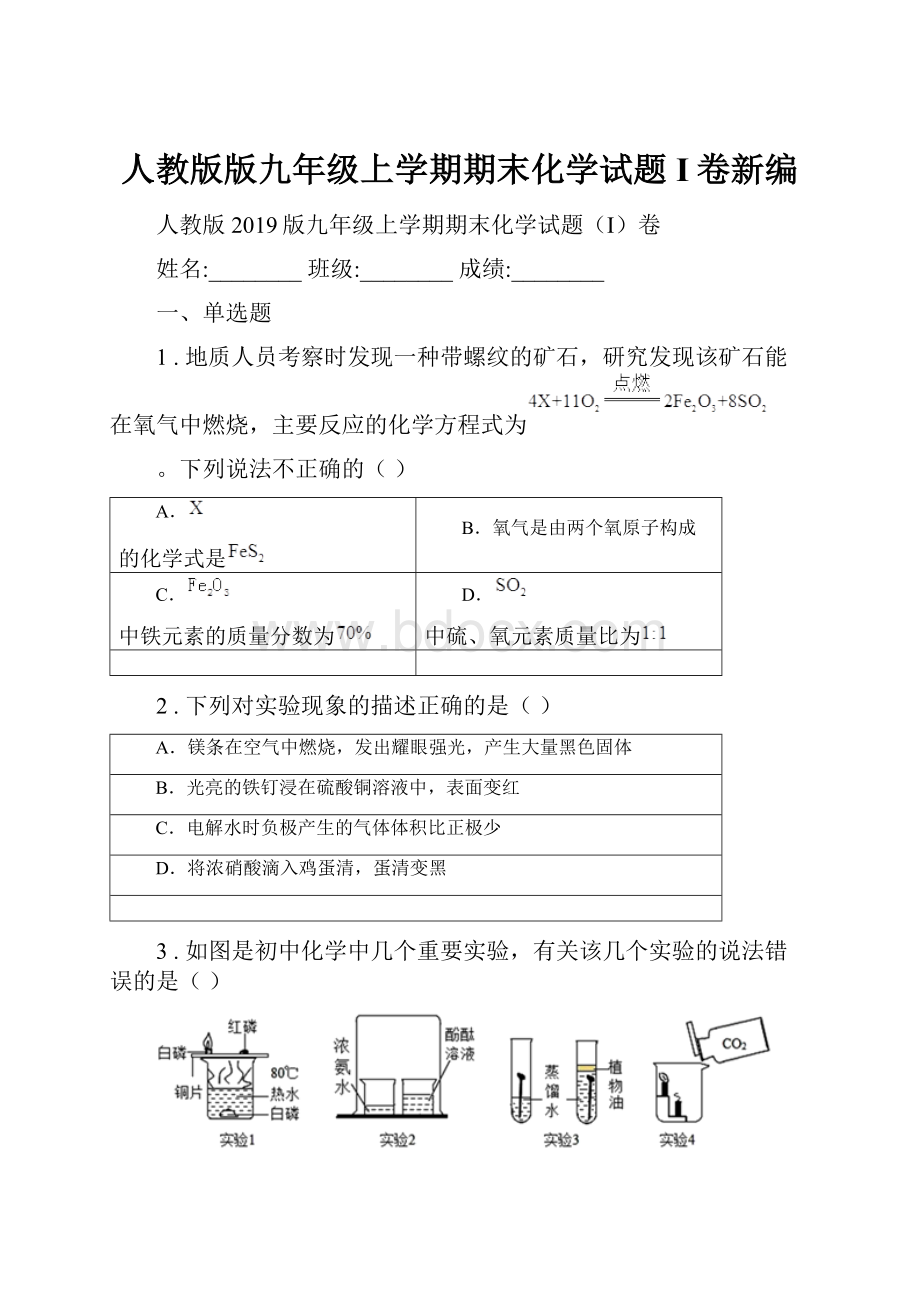 人教版版九年级上学期期末化学试题I卷新编.docx