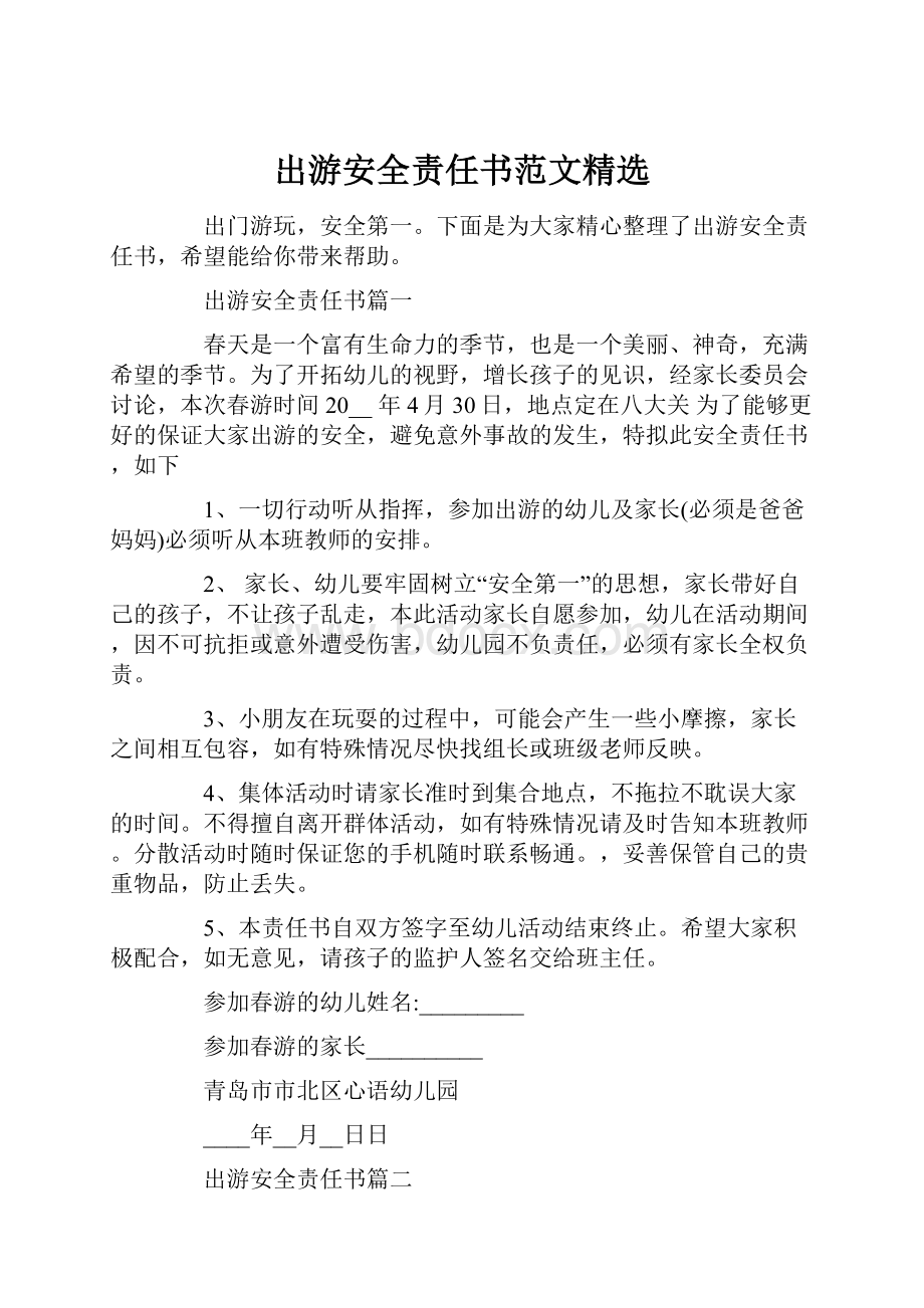 出游安全责任书范文精选.docx