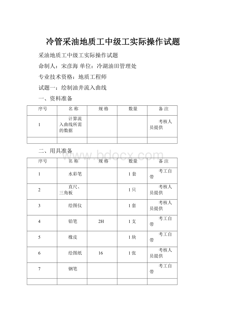 冷管采油地质工中级工实际操作试题.docx