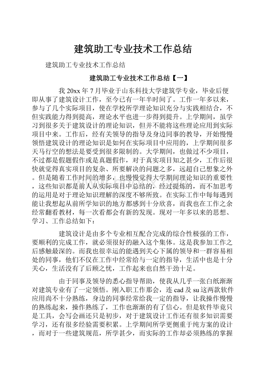 建筑助工专业技术工作总结.docx