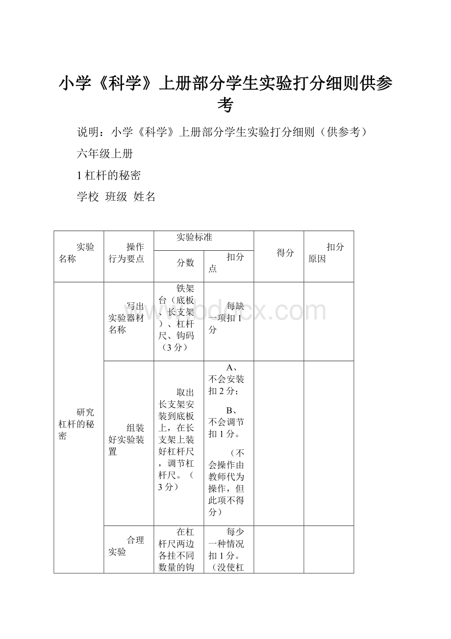 小学《科学》上册部分学生实验打分细则供参考.docx