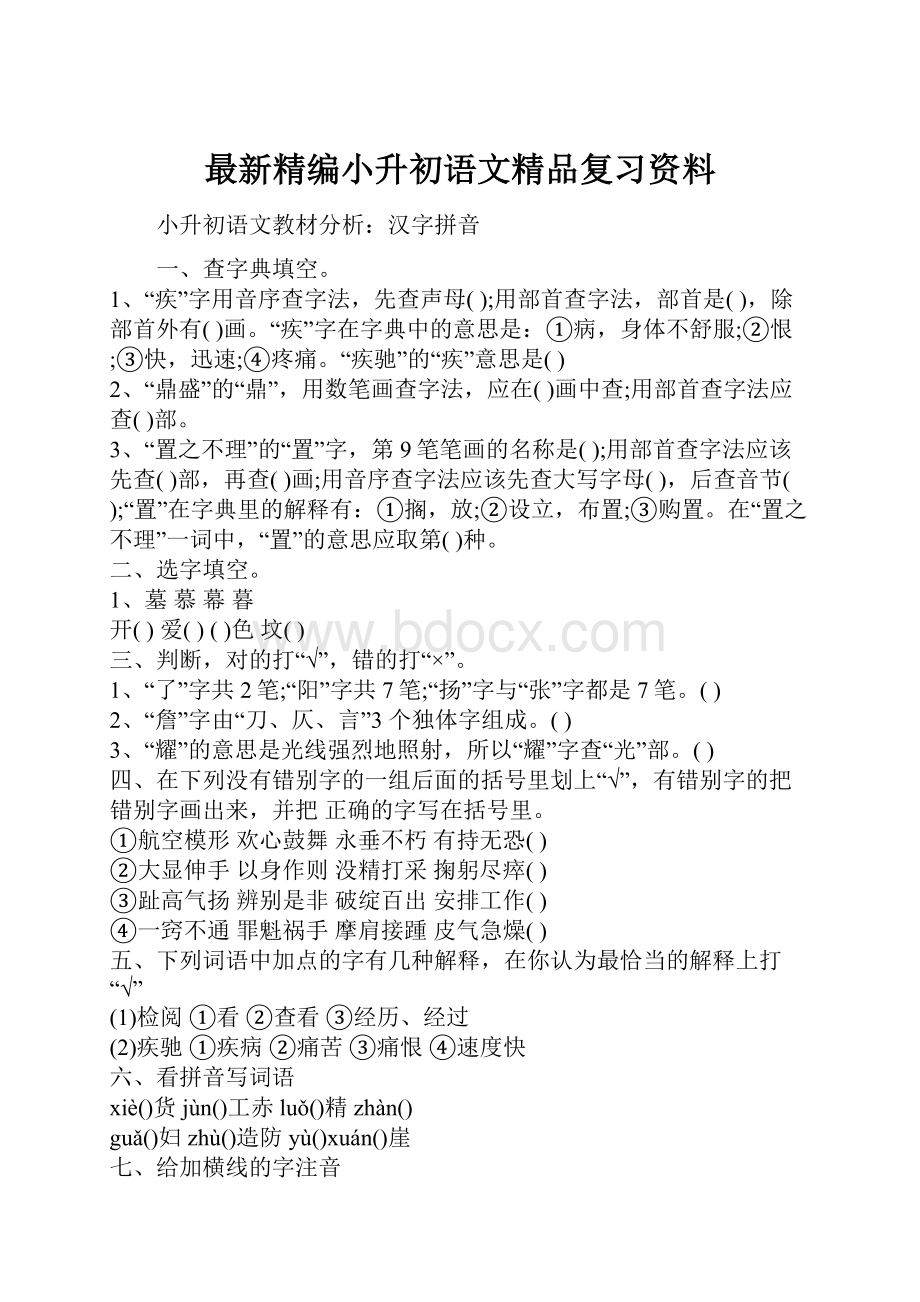 最新精编小升初语文精品复习资料.docx