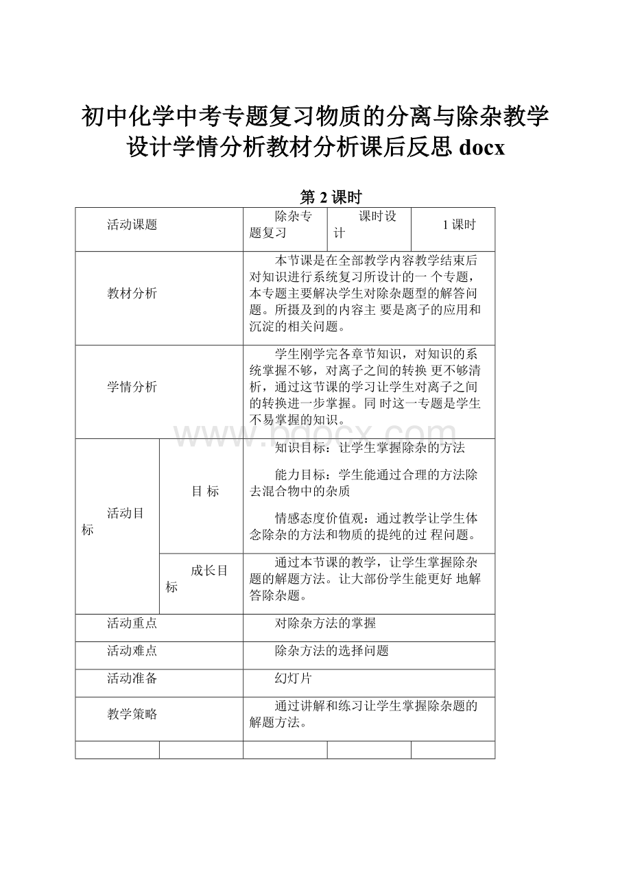 初中化学中考专题复习物质的分离与除杂教学设计学情分析教材分析课后反思docx.docx