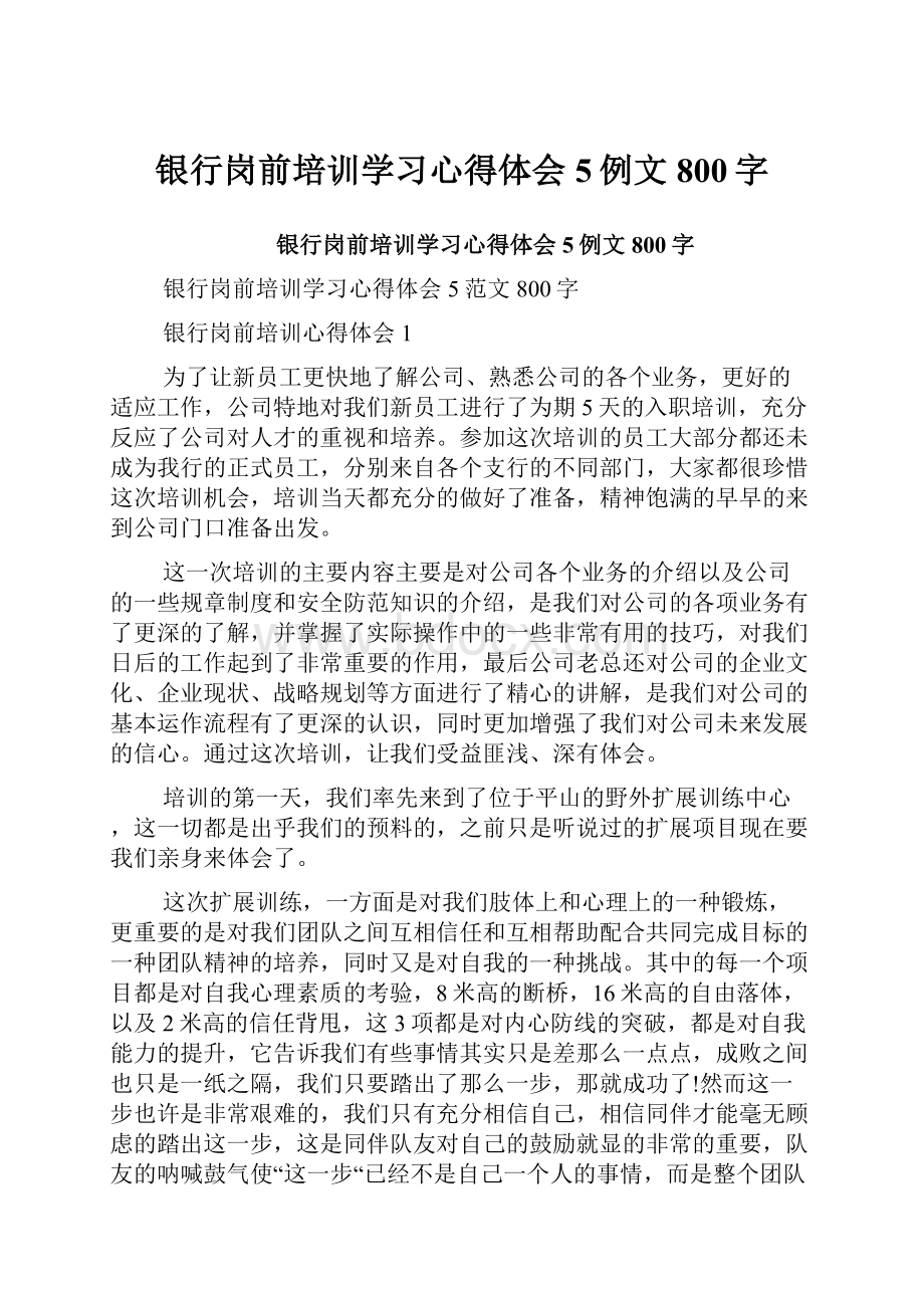 银行岗前培训学习心得体会5例文800字.docx