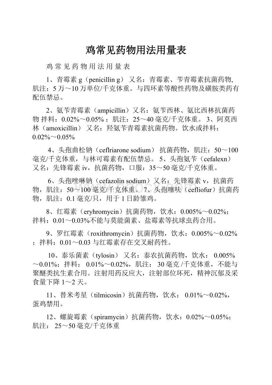 鸡常见药物用法用量表.docx