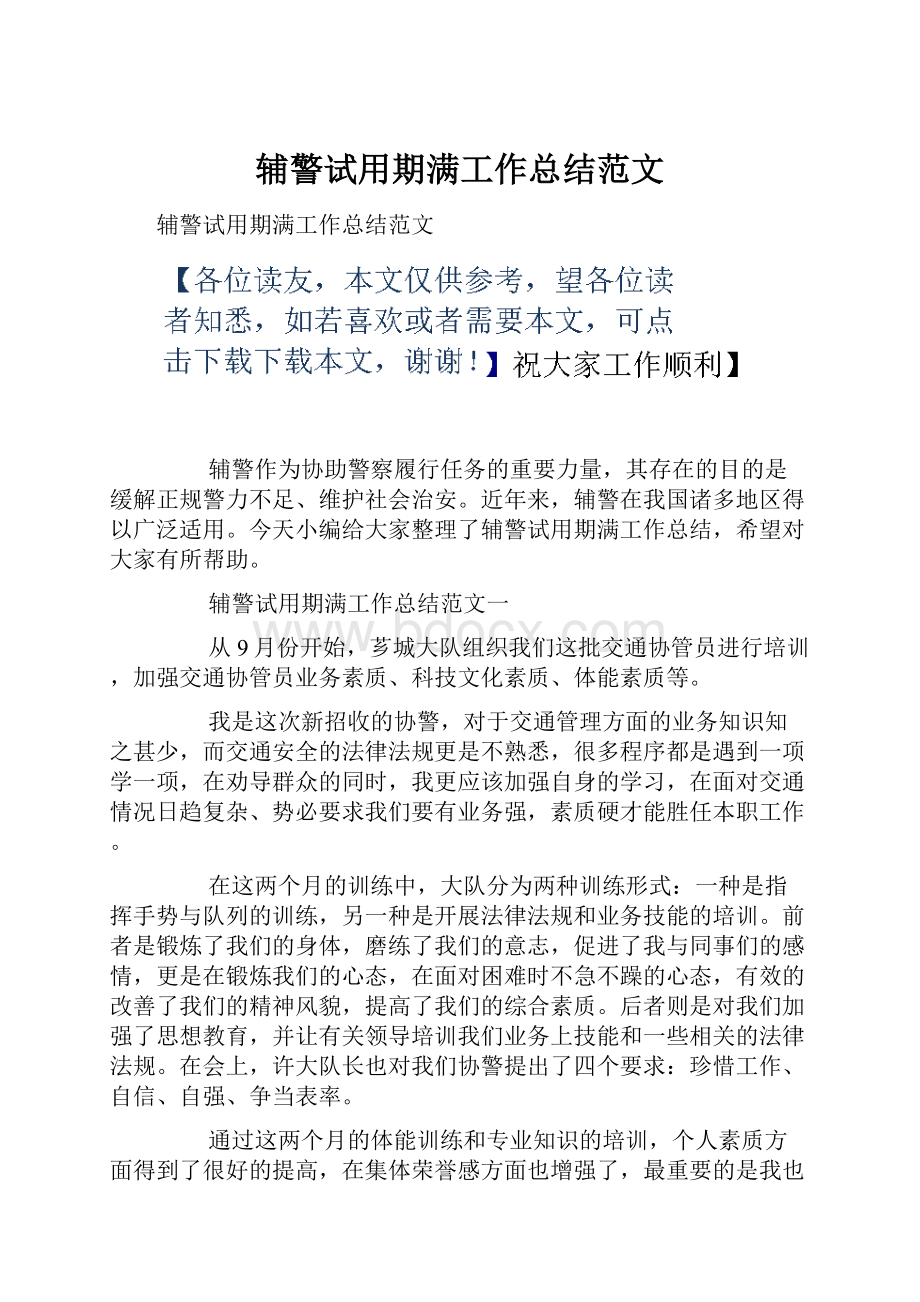 辅警试用期满工作总结范文.docx_第1页