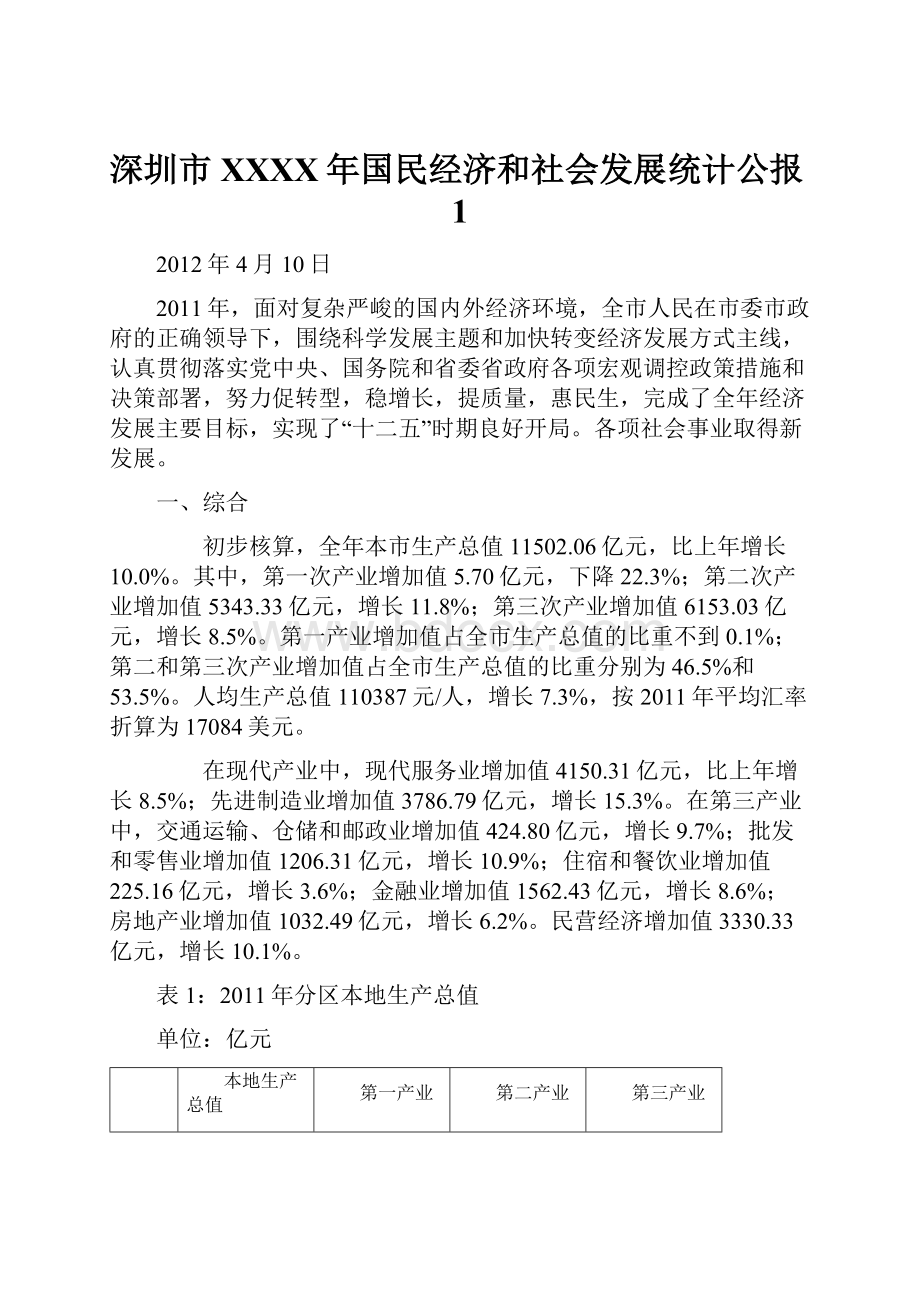 深圳市XXXX年国民经济和社会发展统计公报1.docx_第1页