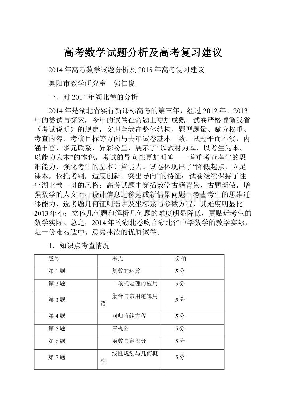 高考数学试题分析及高考复习建议.docx