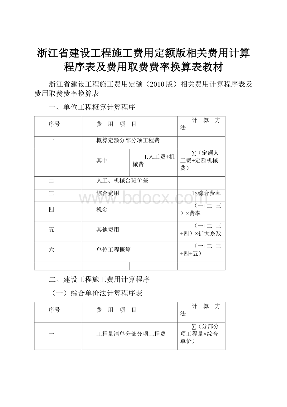 浙江省建设工程施工费用定额版相关费用计算程序表及费用取费费率换算表教材.docx