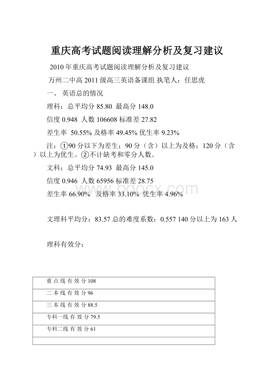 重庆高考试题阅读理解分析及复习建议.docx