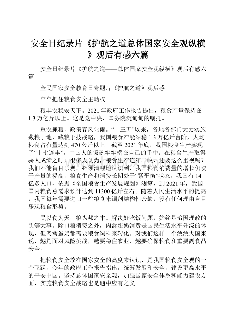 安全日纪录片《护航之道总体国家安全观纵横》观后有感六篇.docx_第1页