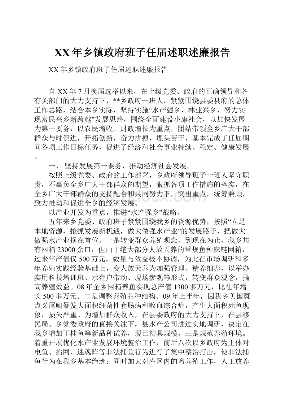 XX年乡镇政府班子任届述职述廉报告.docx