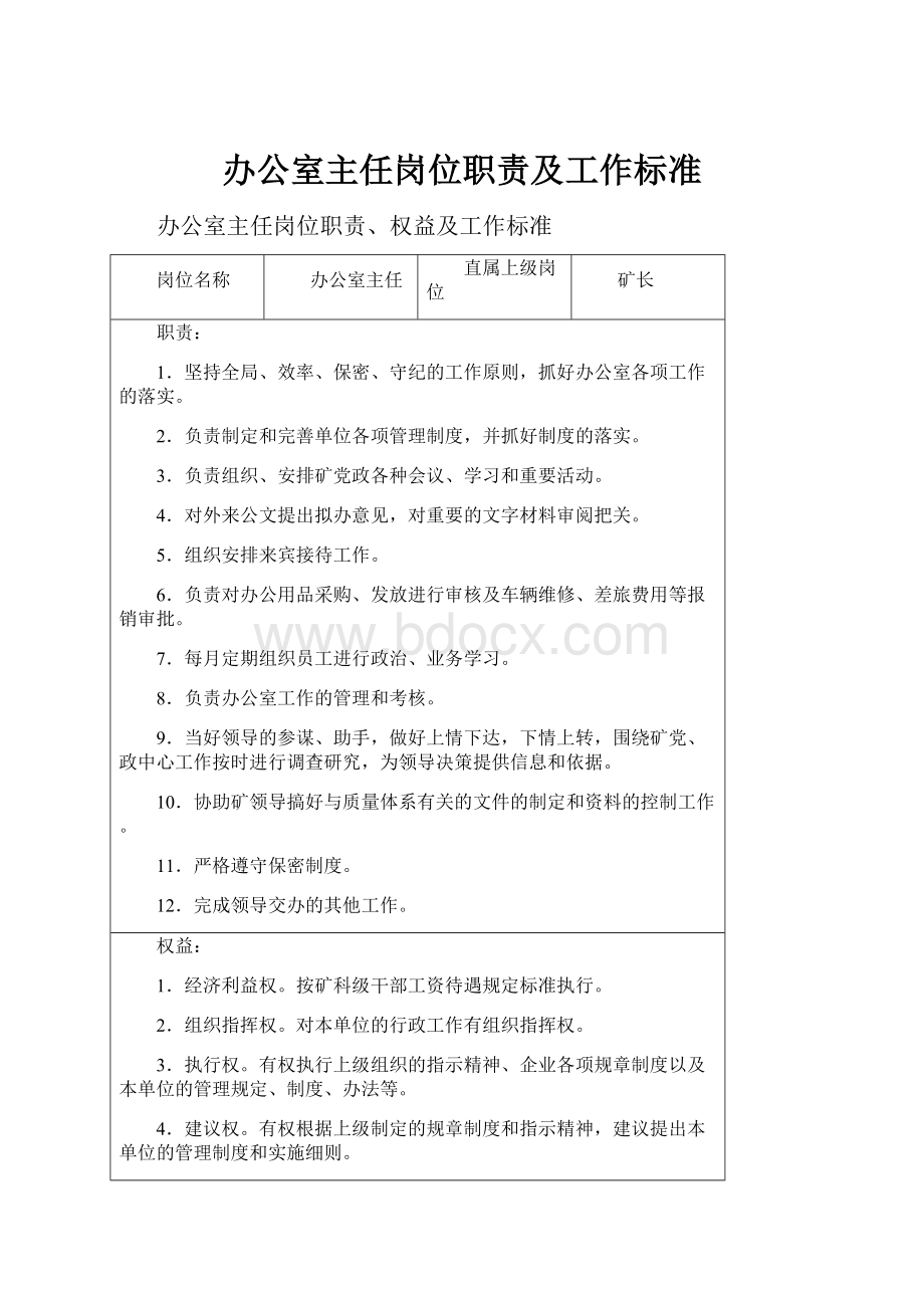 办公室主任岗位职责及工作标准.docx_第1页