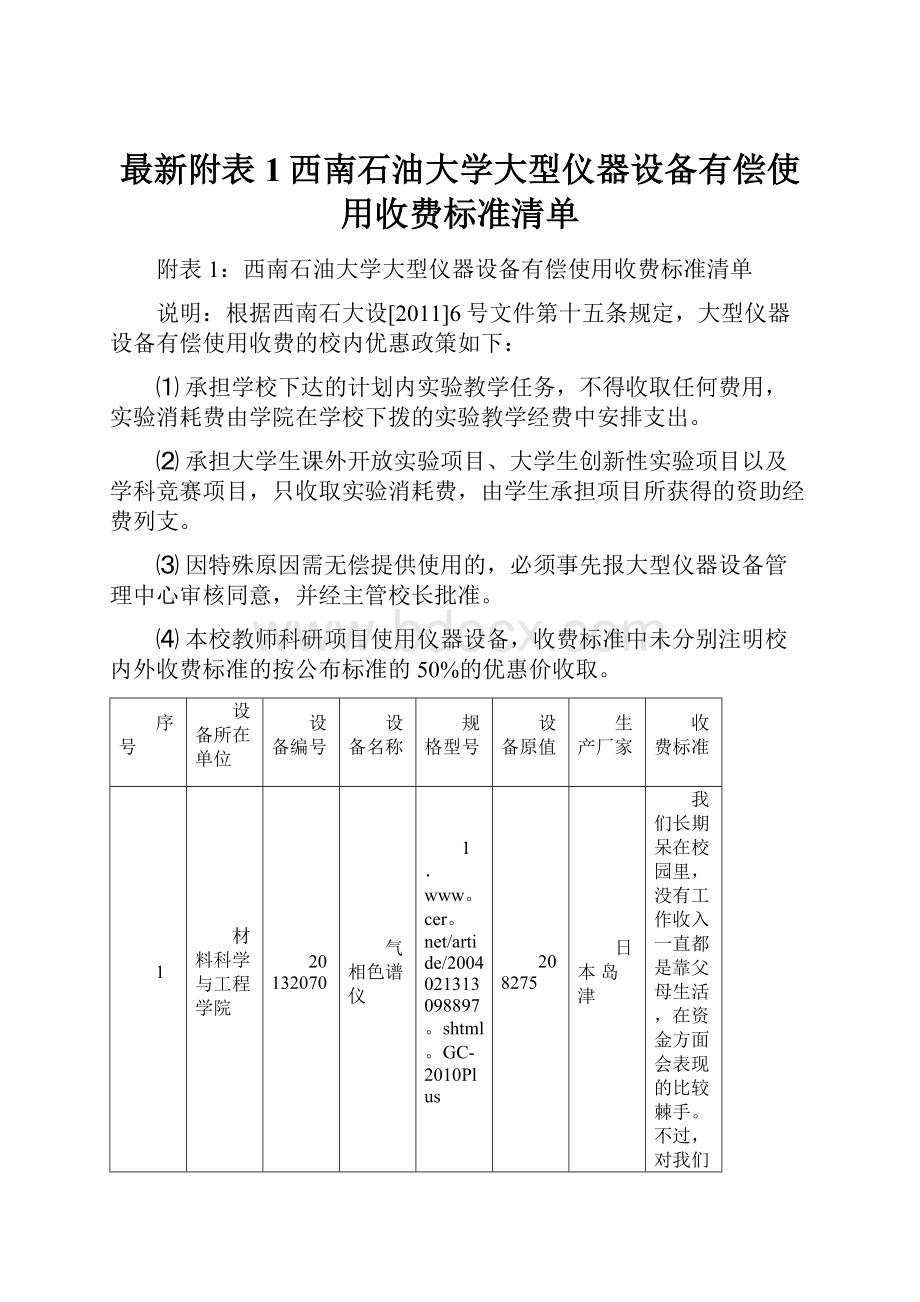 最新附表1西南石油大学大型仪器设备有偿使用收费标准清单.docx