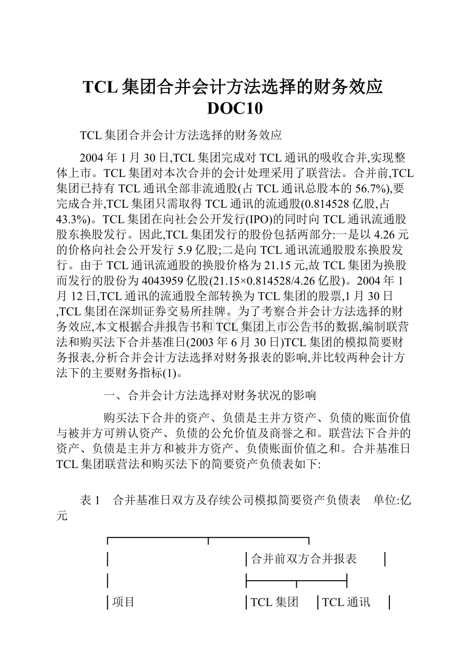 TCL集团合并会计方法选择的财务效应DOC10.docx_第1页