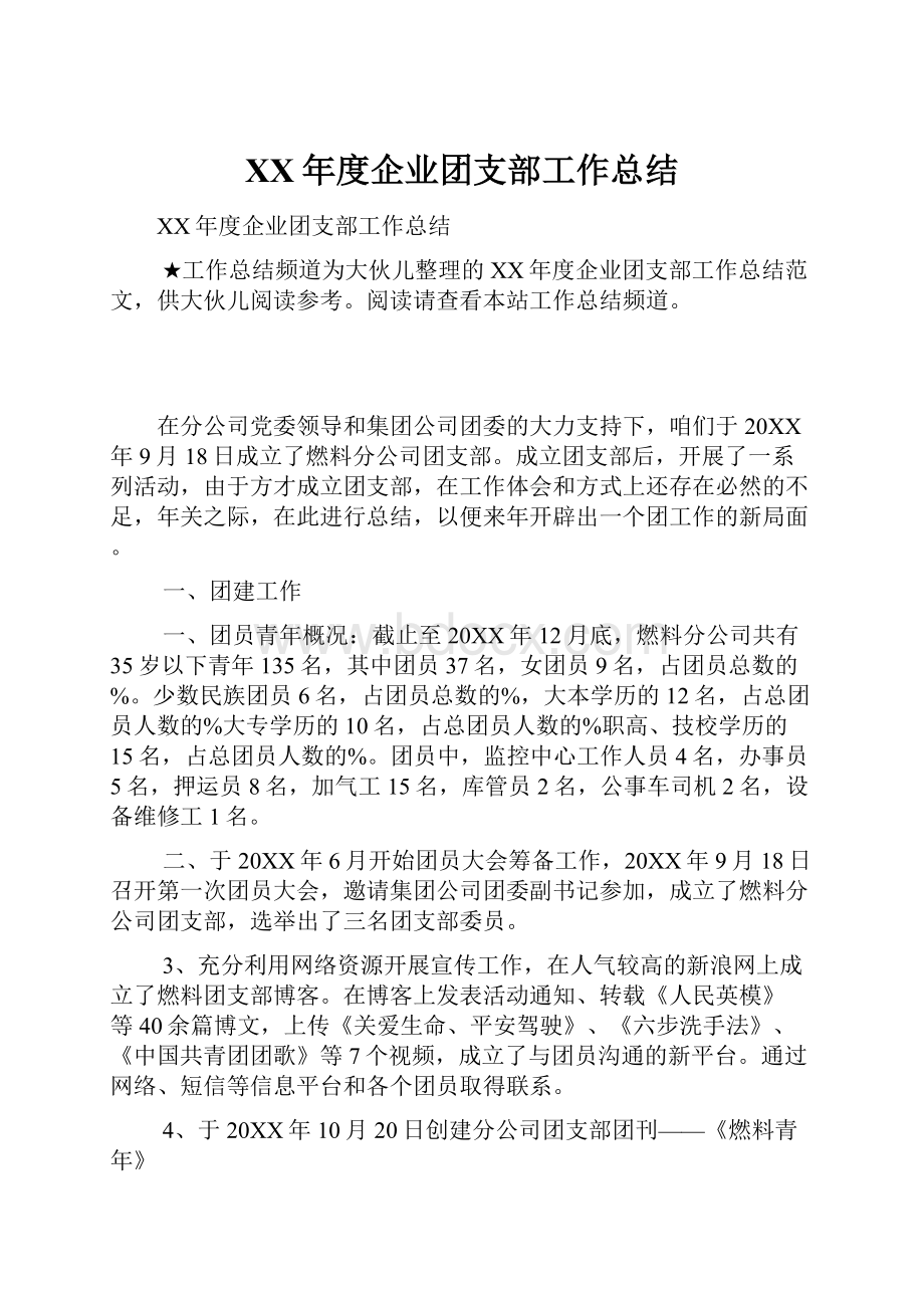 XX年度企业团支部工作总结.docx