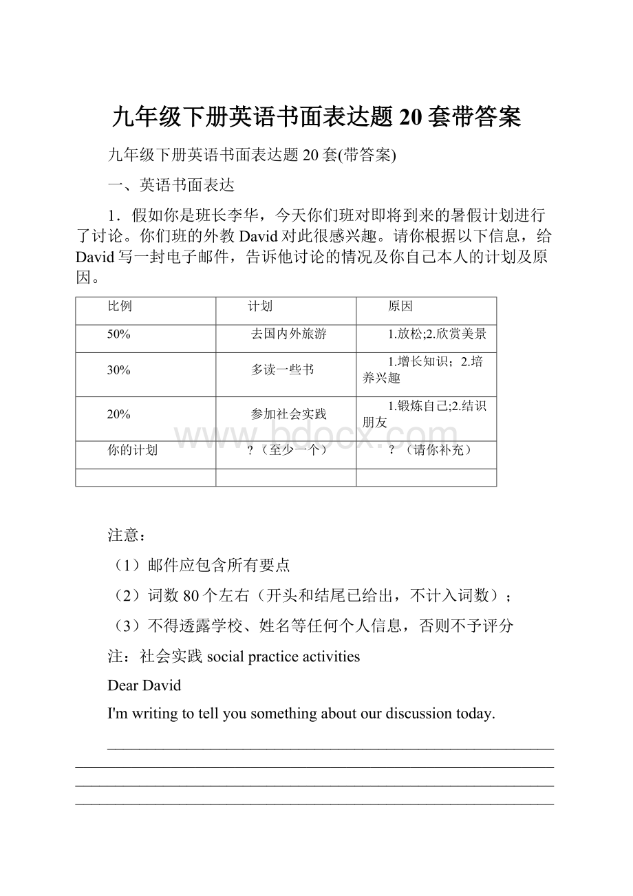 九年级下册英语书面表达题20套带答案.docx