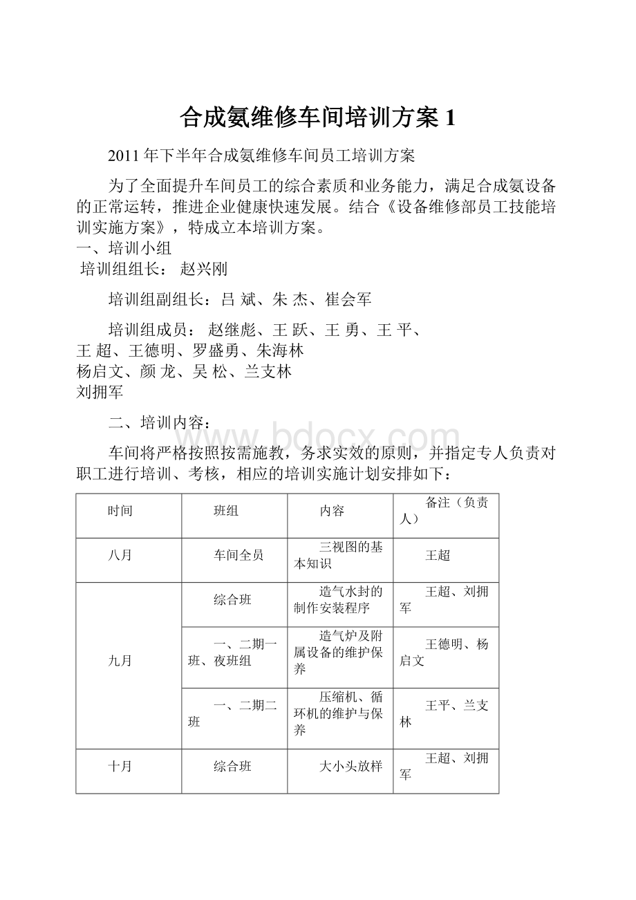 合成氨维修车间培训方案1.docx