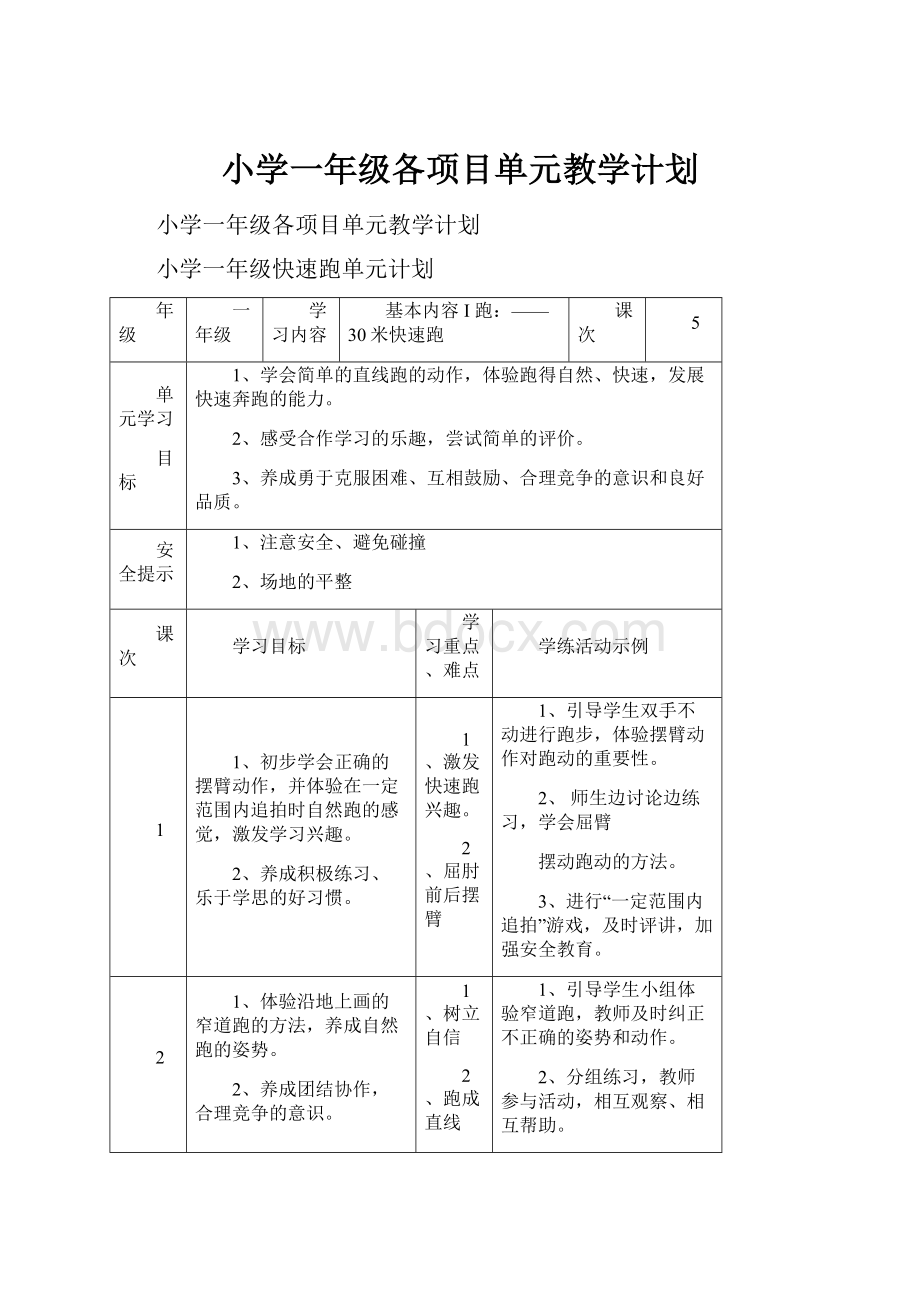 小学一年级各项目单元教学计划.docx