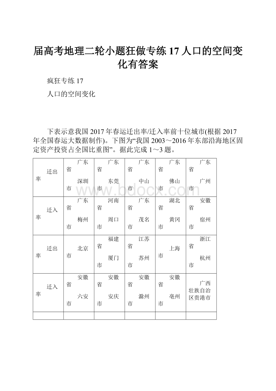 届高考地理二轮小题狂做专练17人口的空间变化有答案.docx_第1页